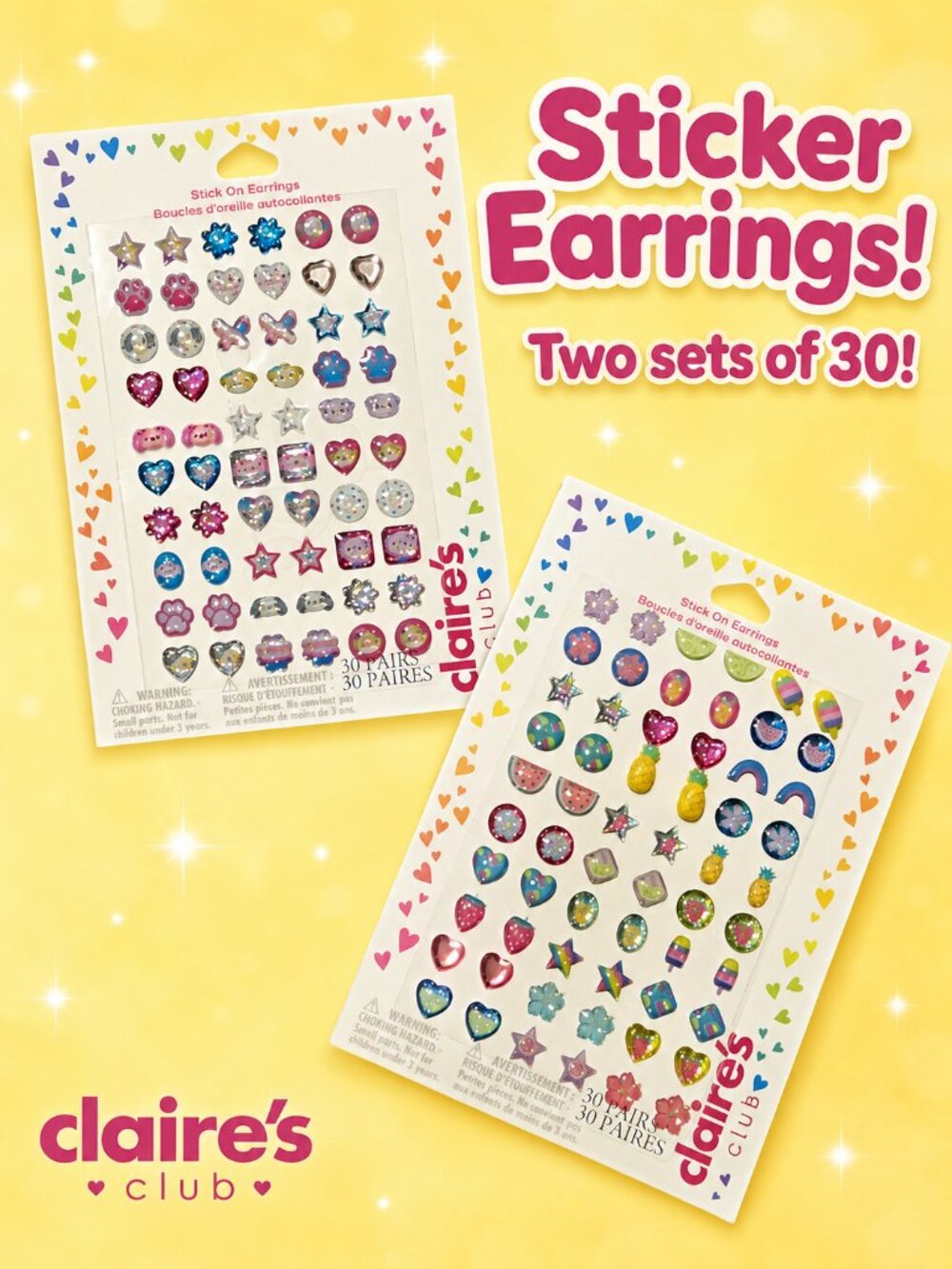 Claire’s Stick-On Earrings Bundle | 2 Packs | Animals, Fruit, Hearts & Rainbows